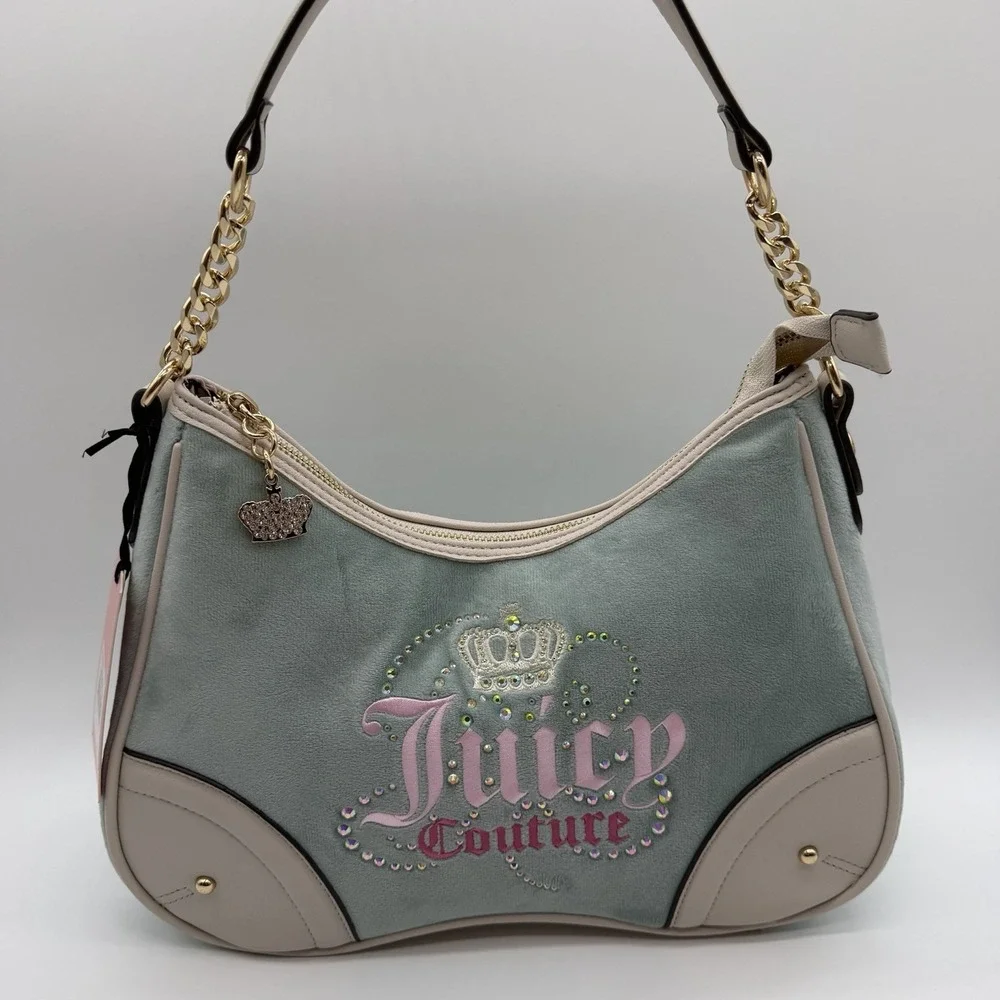 Juicy Couture Dreamy Shoulder Bag & Matching Zip Card Case Sage Green Velour NWT